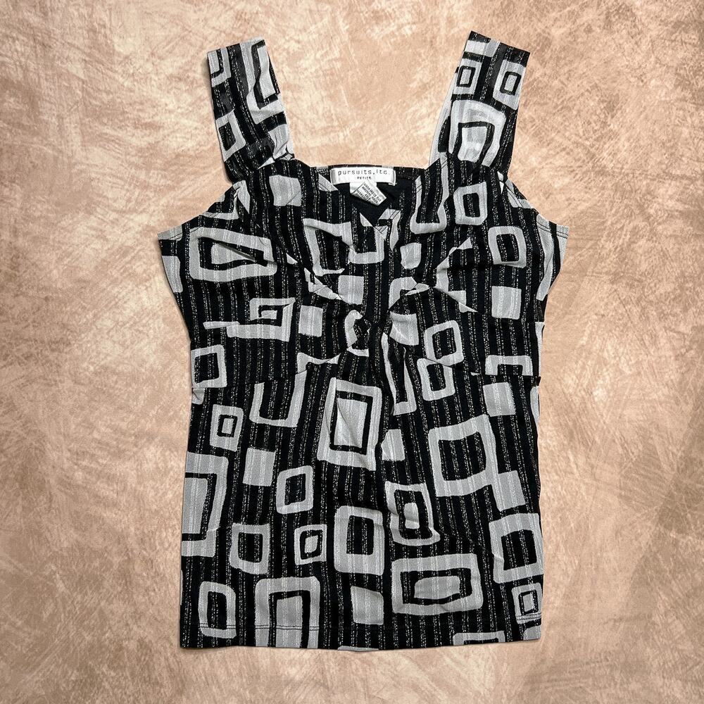 Vintage 90s Pursuits ltd. Geometric Metallic Tank Top Black Gray Party Mod Disco
